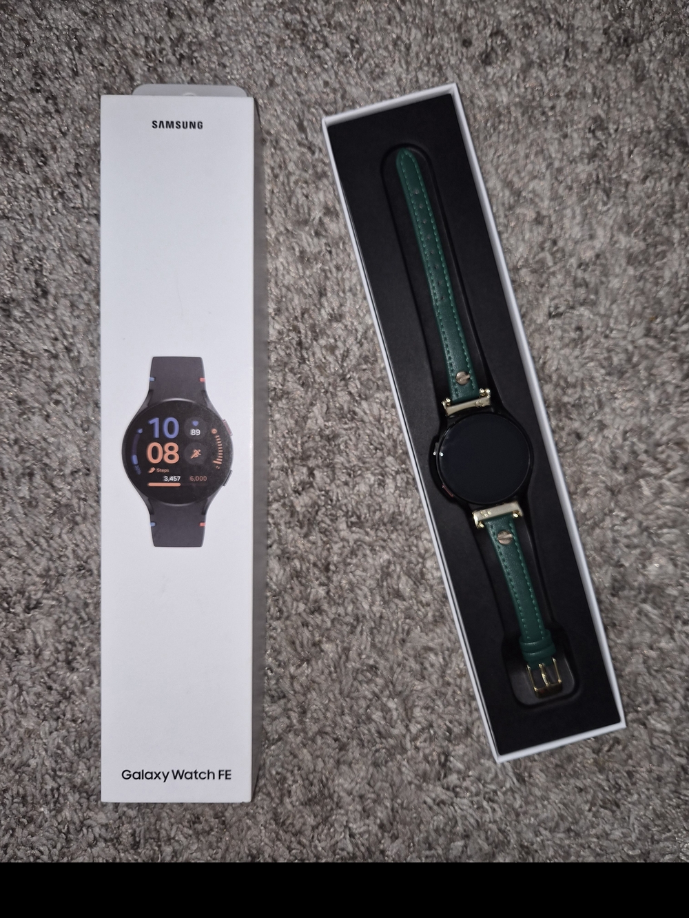 Samsung Galaxy Watch FE with Green Leather Strap and Gold Accents